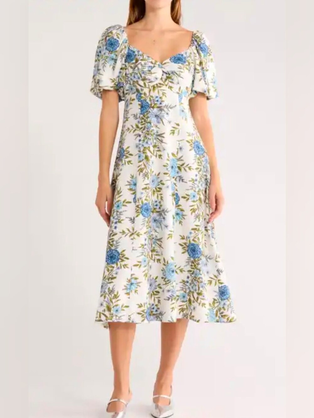 Avec Les Filles White with Blue Floral Print Twist Bodice Midi Dress